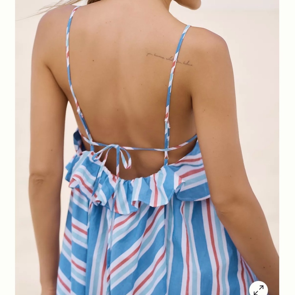 CELANDINE Anthropologie Sleeveless Knee Length Stripe Ruffle Dress M preppy NWT - Picture 3 of 10